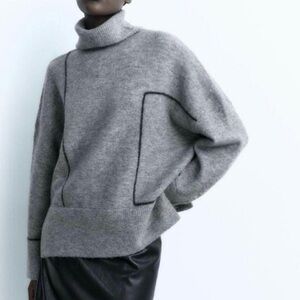 Zara Gray Cowl Neck Sweater with Black Accents